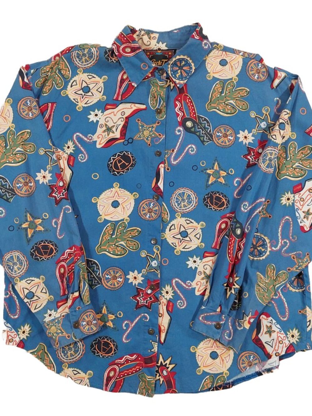 Vintage Circle T Womens Western Cowgirl AOP Shirt Cactus, Boots, Spurs. Sz Large